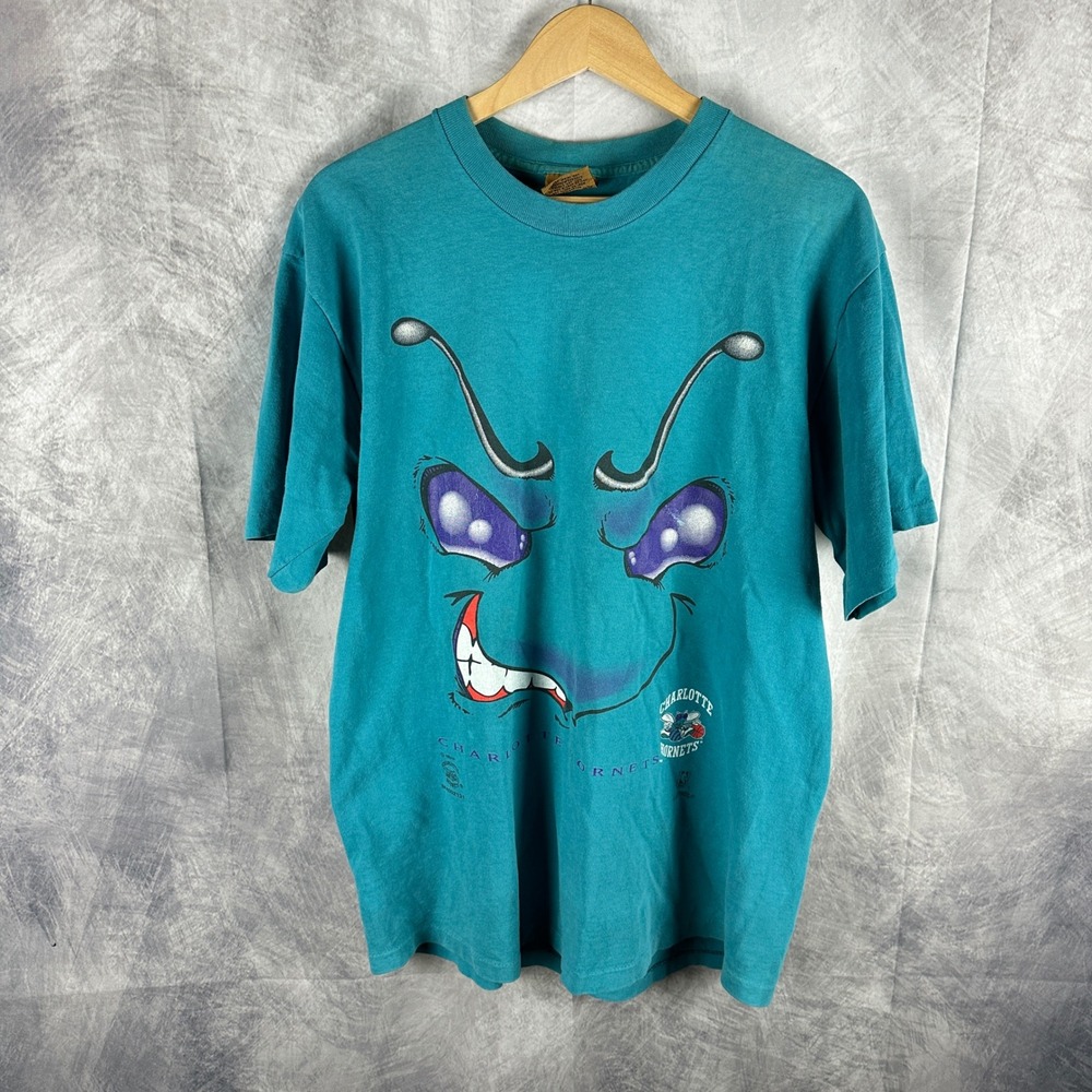 Vintage 90s Charlotte Hornets Nutmeg Mills Big Face T Shirt Mens Large Teal NBA